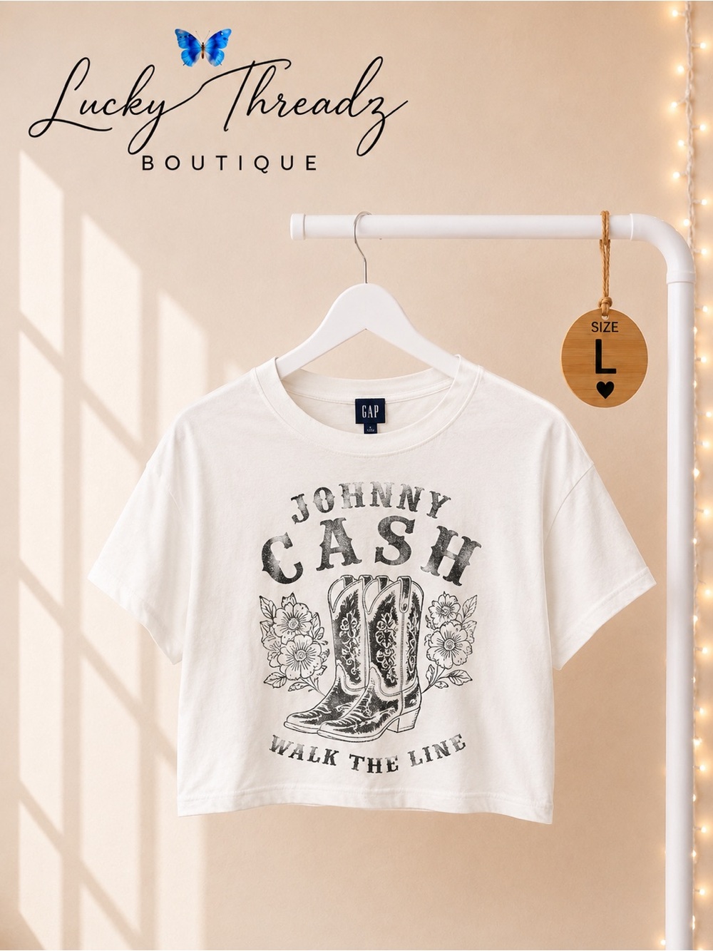 GAP Teen Johnny Cash White Walk The Line Crop Graphic Tee L